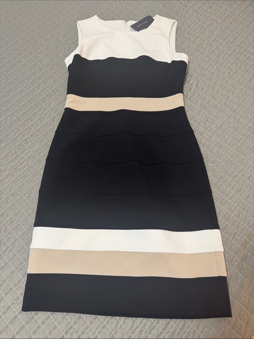 Tommy Hilfiger Black, White & Beige Striped Midi Sheath Dress